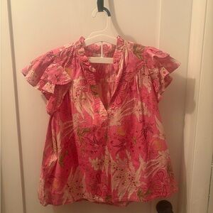 Vibrant Pink Floral Ruffle Sleeve Blouse